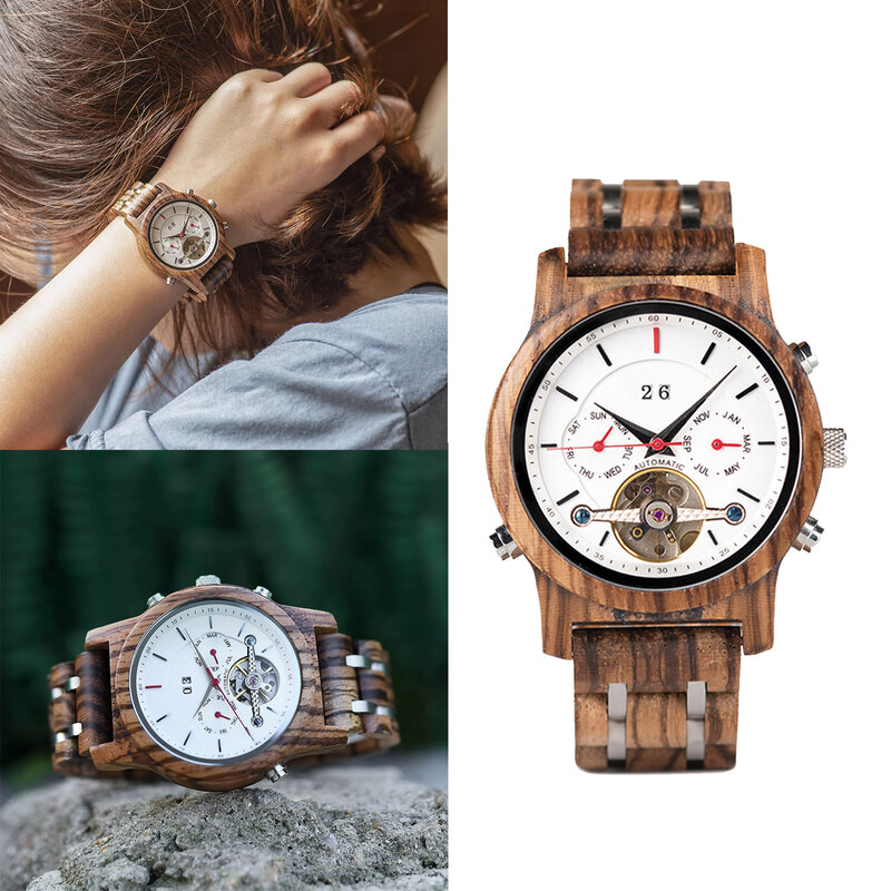Relógio mecânico de madeira para casal, relógios de homem e mulher, dia dos namorados, calendário, data, casual, casamento, romântico