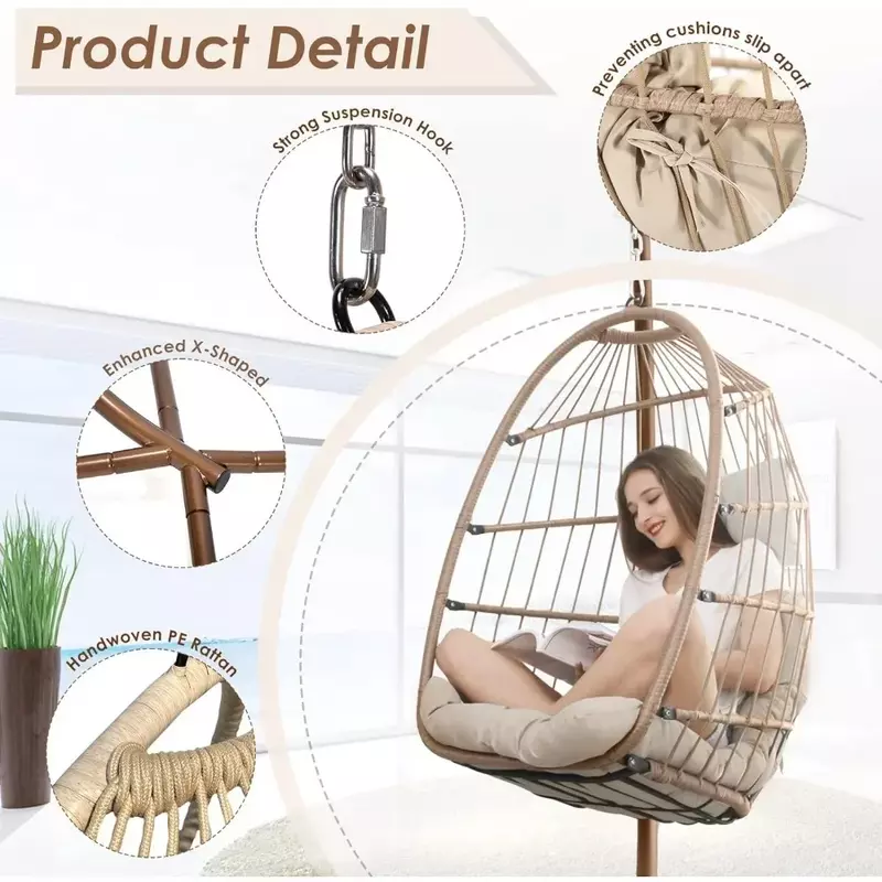 Egg Chair,with Stand Outdoor Swinging Egg Chair with Water Resistant Cushions PE Rattan Wicker Egg Chair Foldable Basket