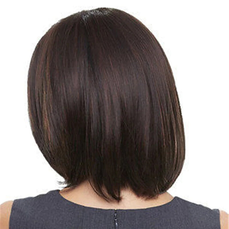 Długość ramion brązowy Bob włókno termoodporne włosy peruki dla kobiet syntetyczne proste włosy peruka z grzywką