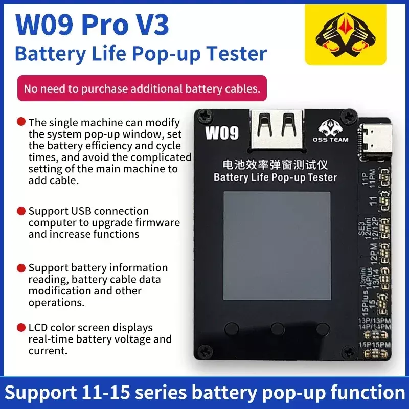 OSS Programmer baterai W09 Pro V3, untuk iphone 11-15PM efisiensi baterai Kesehatan berubah menjadi 100% kualitas tinggi Pop-up alat perbaikan