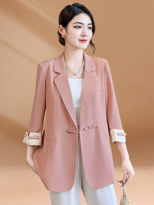 Jaket setelan wanita nasional gaya Cina, atasan Blazer setelan elegan kasual ukuran Plus gesper Retro baru musim semi dan musim panas 2024