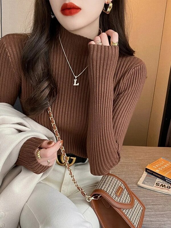 Autumn Fashion Half Turtleneck Women Pullover Sweaters Knitted Jumper Tops Long Sleeve Winter Basic Solid Soft Female Sweater