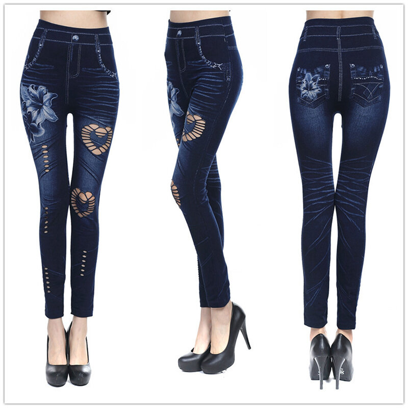 Mallas ajustadas de Jean para mujer, leggings de cintura alta, estampado, hasta el tobillo, talla grande