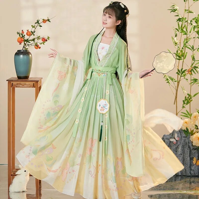 Hanfu chinês tradicional para mulheres, roupas de dança elegantes, manga grande, cintura alta, Hanfu original, vestidos de festa de aniversário