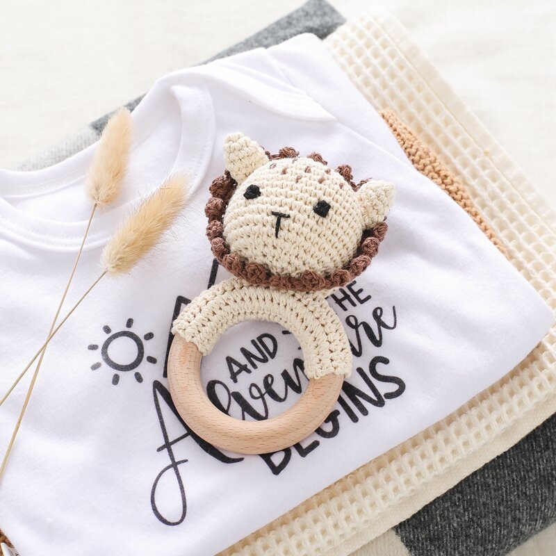 1pc Baby Rattle Toy Teether for Kids Animal Crochet Rattle Elephant Giraffe Ring Wooden Babies Gym Montessori Children's Toys
