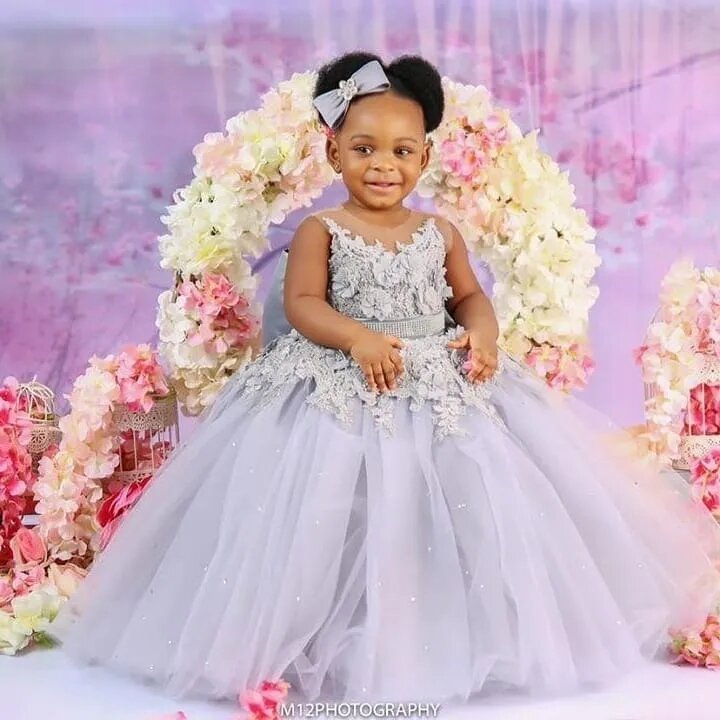 Silver African Flower Girl Dresses Ball Gown Sheer Tulle Appliques Baby Little Girl Peageant Dress Gowns