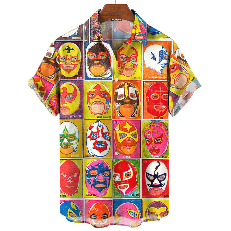 Chemise hawaïenne décontractée à manches courtes pour hommes, impression de masque 3D, vêtements d'été, plage, nouveau, 2024