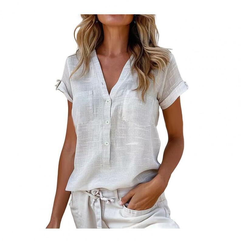Mulheres com decote em v manga curta de botão em cima, camisa elegante com botões e bolsos, monocromática, casual, verão