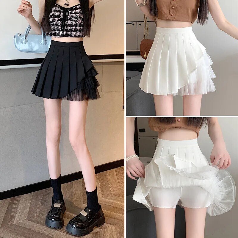 Damska siatkowy Patchwork modna plisowana Mini spódniczka z wysokim stanem letnia kobieta Kawaii mikro Girls krótka Streetwear spódnice studenckie Q872