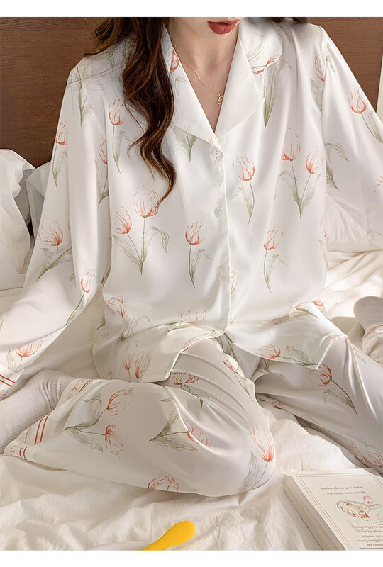 Designer Primavera Cetim 2 Peças Conjunto de Pijamas de Seda das Mulheres Impresso Macio Loungewear Manga Longa Botão Down Sleepwear Pjs Home Set