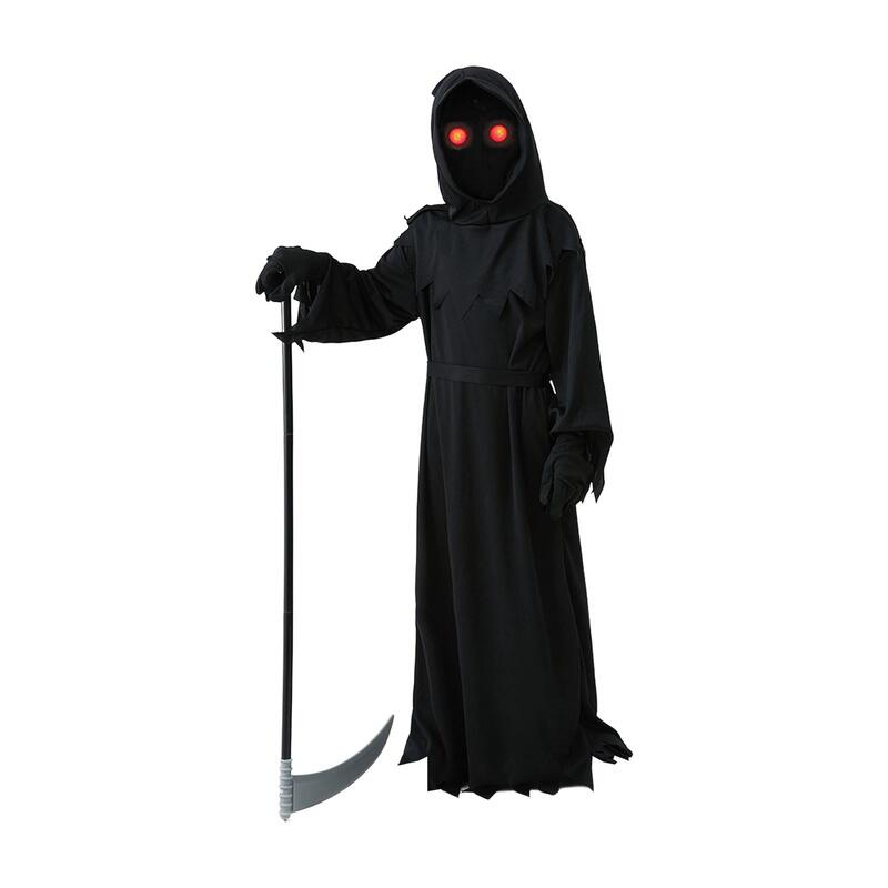 Halloween Grim Reaper Costume Set Cosplay Kids Grim Reaper Costume Robe Decor Glowing Red Eyes for Masquerade Photo Props Party