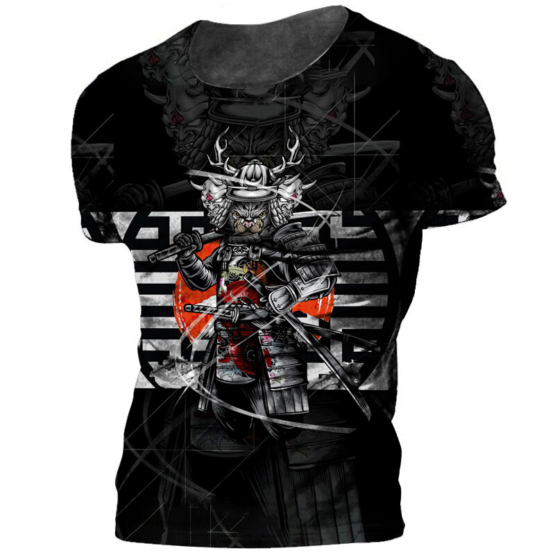 T Shirt Pria Samurai Jepang Vintage 2022 Atasan Lengan Pendek Katun Leher-o T-shirt Pakaian Jalanan Punk Longgar Gambar Cetak 3D