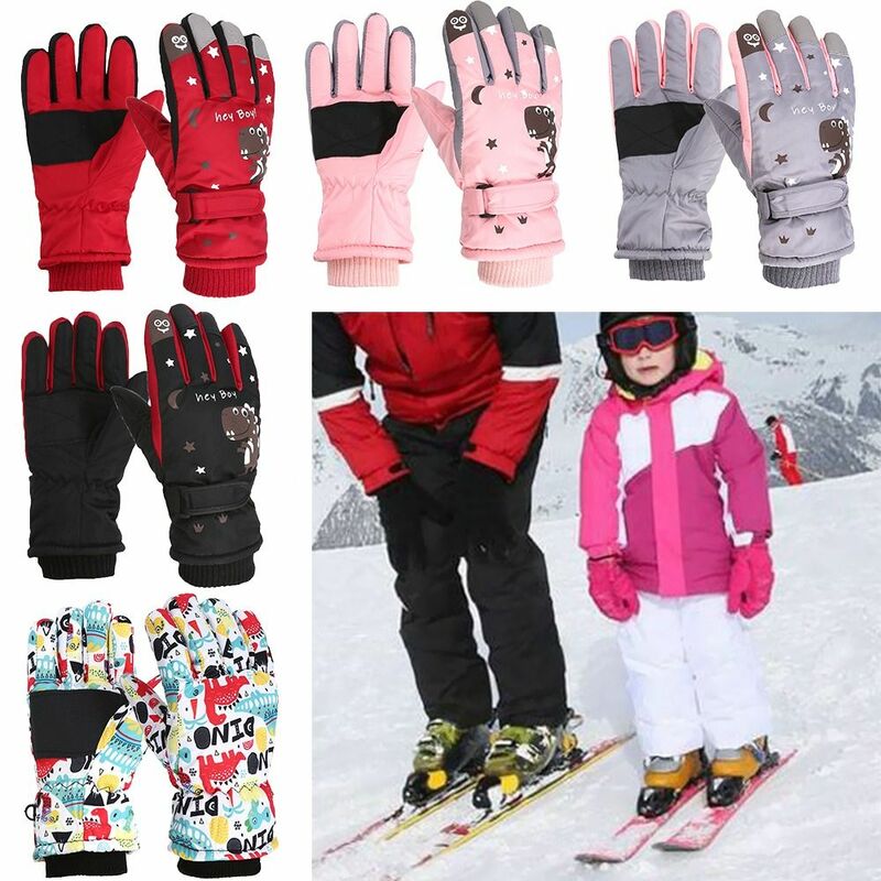 Sarung tangan Ski jari penuh, sarung tangan bersepeda luar ruangan tebal Anti licin, sarung tangan olahraga hangat tahan angin musim dingin motif kartun