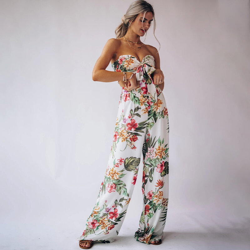Fashion Strapless Floral Print Lace Up Crop Tops Summer Pant Sets Sexy Backless Wide Leg Trousers Beach Two Piece Set For Women