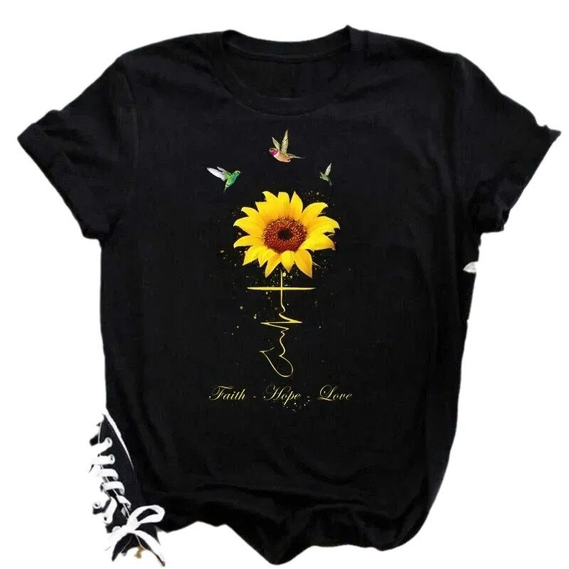 Camiseta de algodão com girassol e borboleta estampada feminina, 100%, casual, fofa, confortável, top preto, extragrande, camisetas gráficas