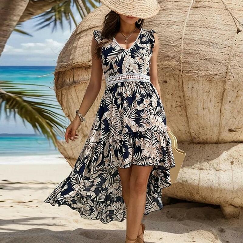 Women Elegant Summer Vacation Dress V Neck Hollow Out Waist Irregular Print Sleeveless Loose Beach Boho Dress Casual Maxi Dress