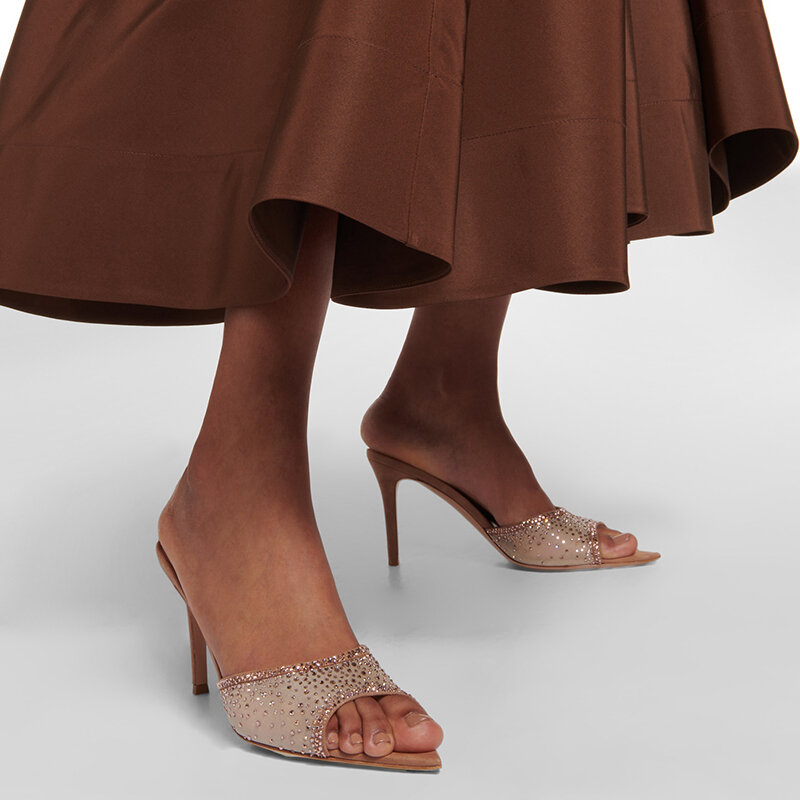 Sandal musim panas sandal sepatu Mule untuk wanita kristal pernikahan Suede pesta sandal selop gaun seksi runcing 8CM gaun Mules