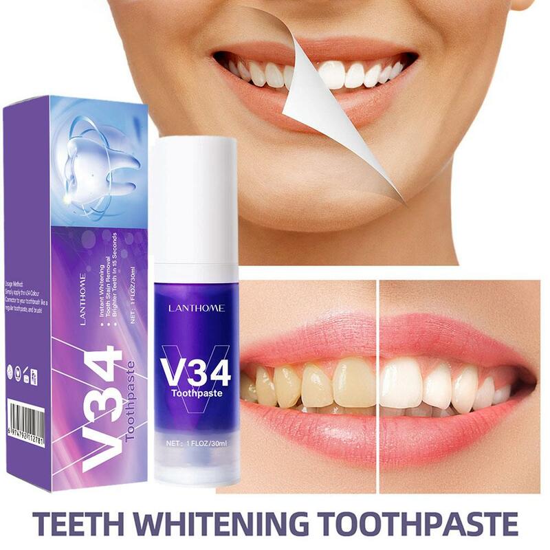 ยาสีฟันสีม่วงฟอกสีฟัน V34ขจัดคราบฟันขาวกระจ่างใสตัวแก้ไขสีลมหายใจสดชื่นช่วยในช่องปาก