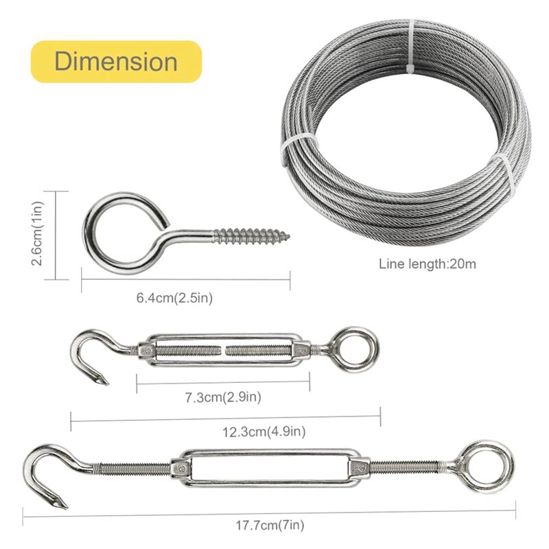 Kit de corda de aço inoxidável, fácil de usar, classificação ajuda a apertar o desgaste da corda com M5, 20m, 3mm