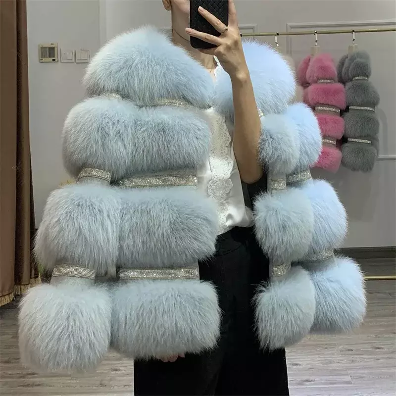 2024 Nieuwe Mode Echte Bontjas Winterjas Vrouwen Natuurlijke Vossenbont Diamanten Dikke Warme Bovenkleding Streetwear Luxe Merk