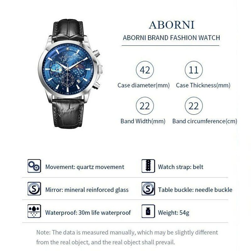 ABORNI Men Casual Quartz Wristwatch Man Luxury Waterproof Sport Clock Luminous Calendar Watches Man Business Chronograph Watch