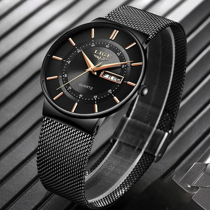 LIGE-Relógio de quartzo ultrafino impermeável masculino com pulseira de aço, relógio de pulso esportivo masculino, casual, luxo, 2024