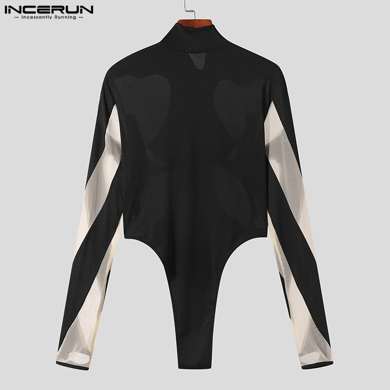 Pakaian rumah jumpsuit pria, jumpsuit modis tambal sulam jala desain Thimble lengan panjang S-3XL INCERUN 2023