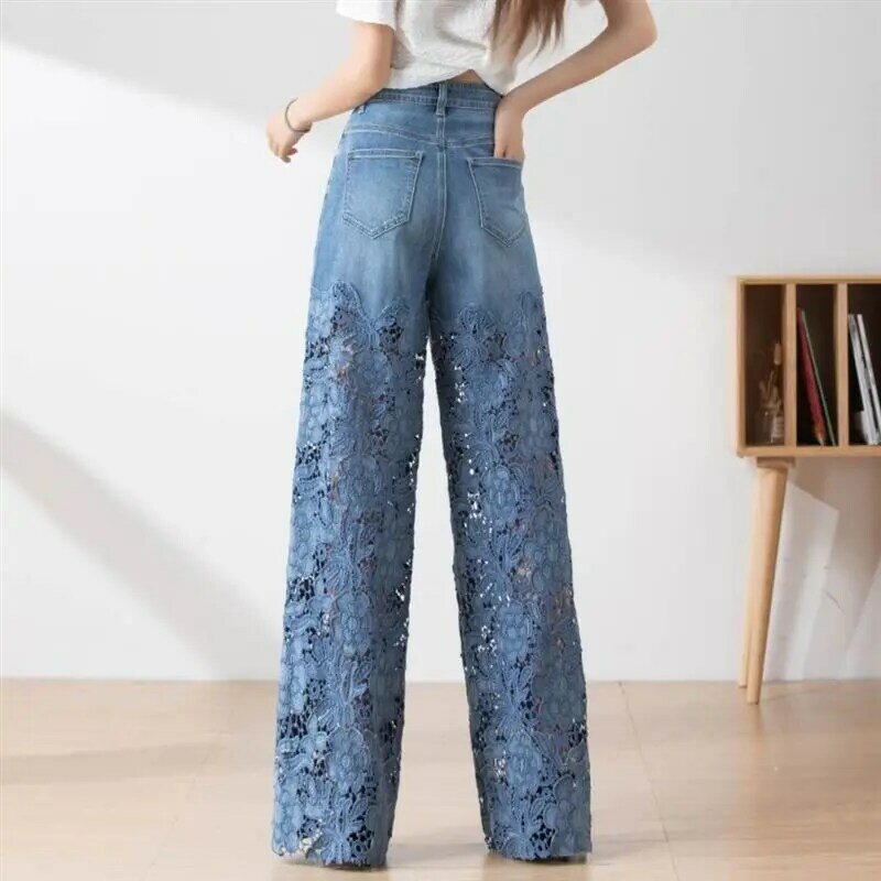 Fashion Women's Jeans 2024 New Summer High-Waist Openwork Lace Stitching Denim Wide-Leg Pants Female Straight Trousers