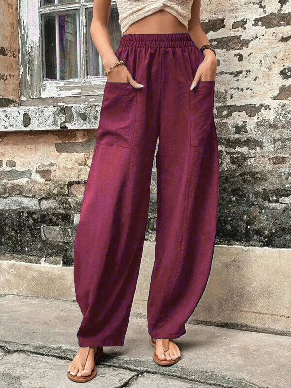 Pantalones largos elásticos para mujer, pantalón holgado informal de retazos con bolsillos, color sólido, moda de otoño e invierno, novedad