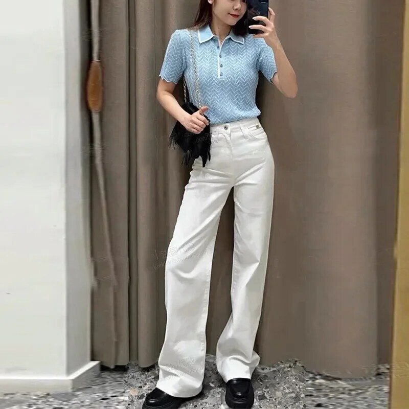 Damen weiße Jeans hohe Taille gerade lässig Sommer 2024 weibliche Jeans lange Hosen