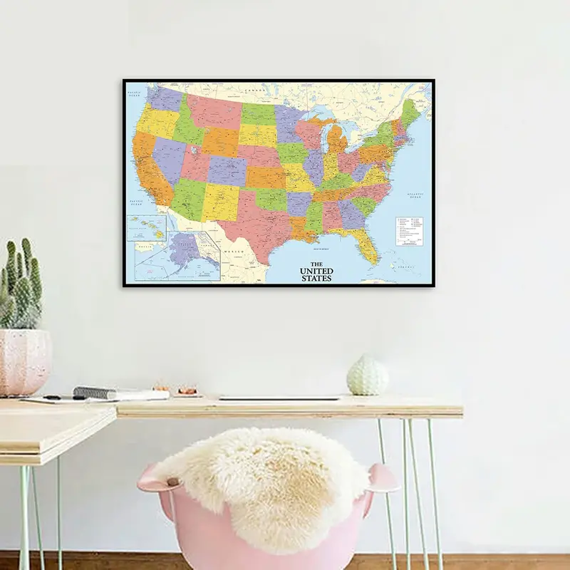 Pintura en lienzo del mapa política de los Estados Unidos, póster de arte de pared moderno, suministros escolares, decoración del hogar para sala de estar, 60x40cm
