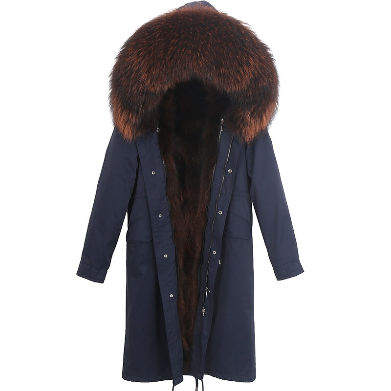 Hot Sales Russian Men Long Fashion Real Raccoon Fur Liner Winter Jacket Natural Raccoon Fur Collar Hooded Thick Warm Streetwear