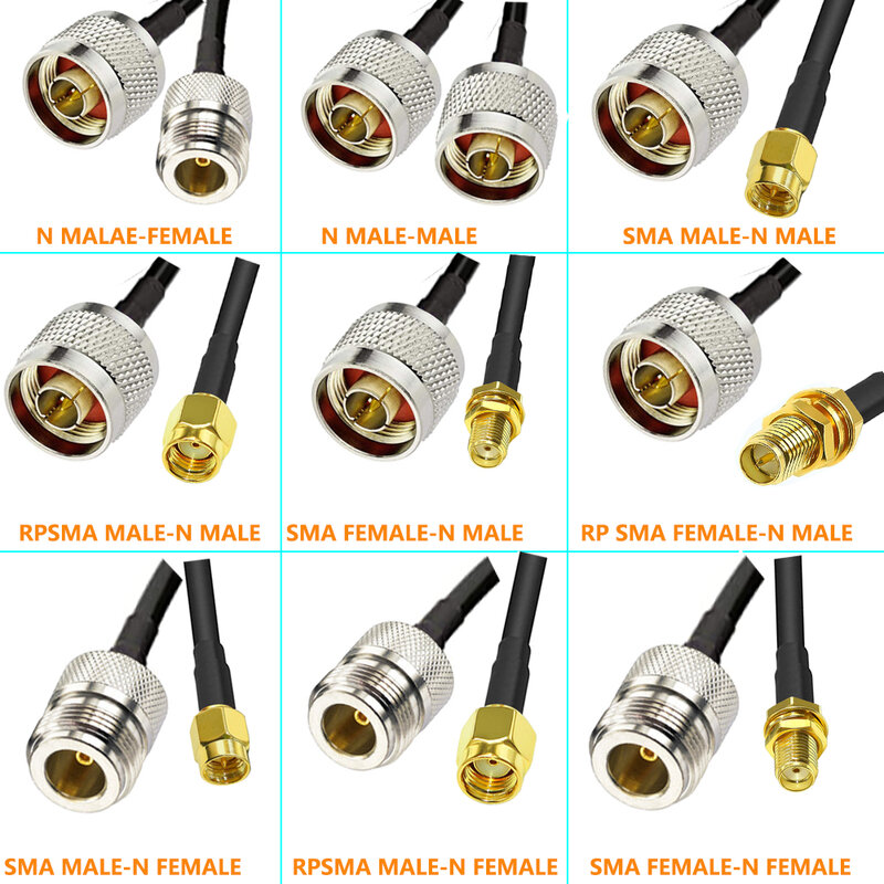 Kabel Jumper ekstensi Coax RG58 konektor Female Male RPSMA tipe N untuk kabel Pigtail L16 N ke SMA pengiriman cepat kuningan RF