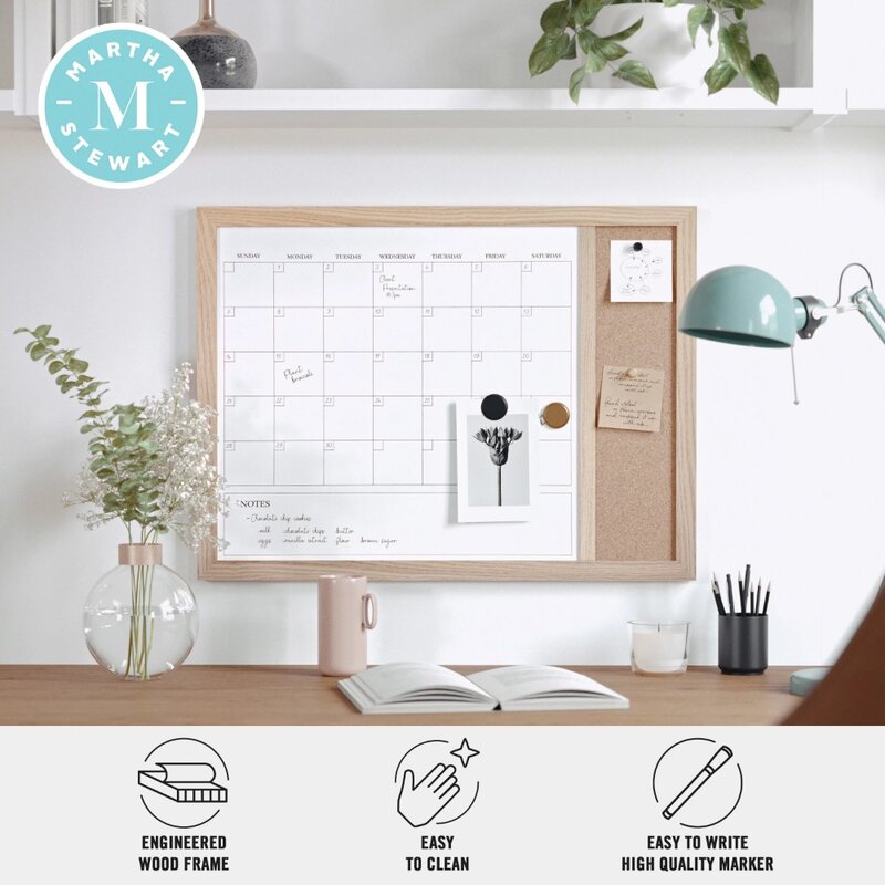 24"x18" Magnetic Dry Erase Monthly Calendar and Cork Board Combo with Included Marker, Magnets, and Push Pins