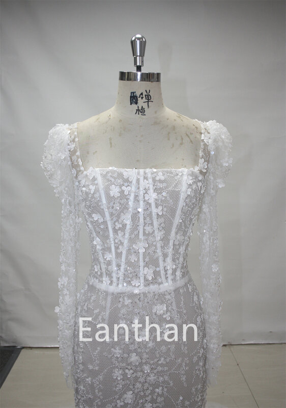 Длинное свадебное платье-Русалка с длинным рукавом и квадратным вырезом