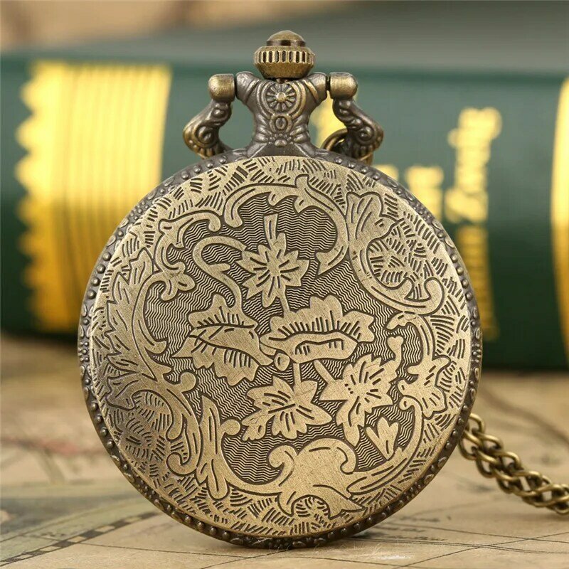 Antique Carved Musical Instrument Design Bronze Quartz Pocket Watch for Men Women Full Hunter Clock with Necklace Chain Souvenir
