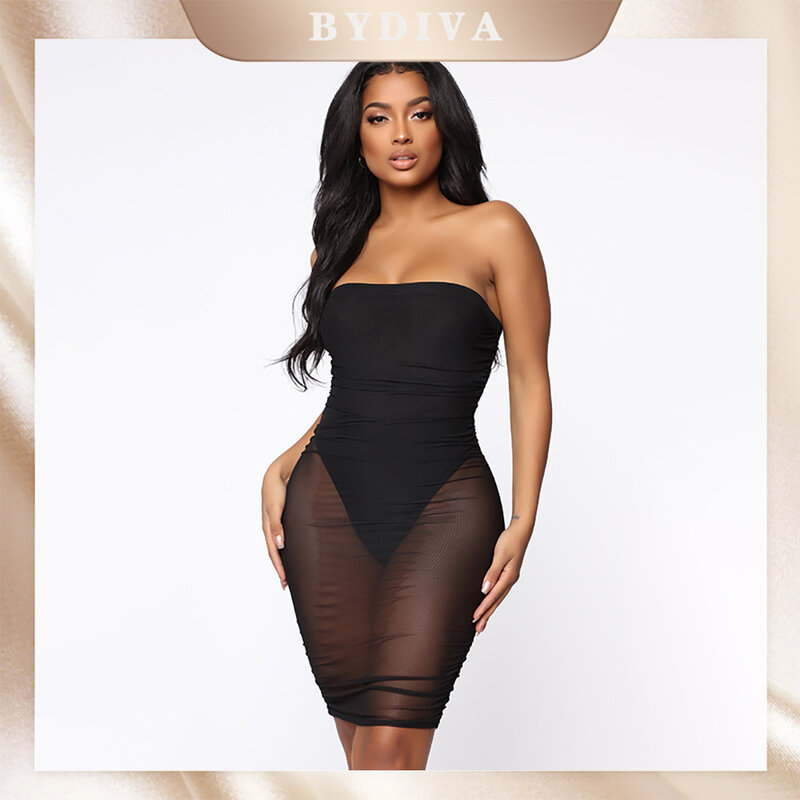 BYDIVA Sexy Ruched Mesh Sheer Night Party Dress for Women Club Outfits Off Shoulder Birthday Vacation