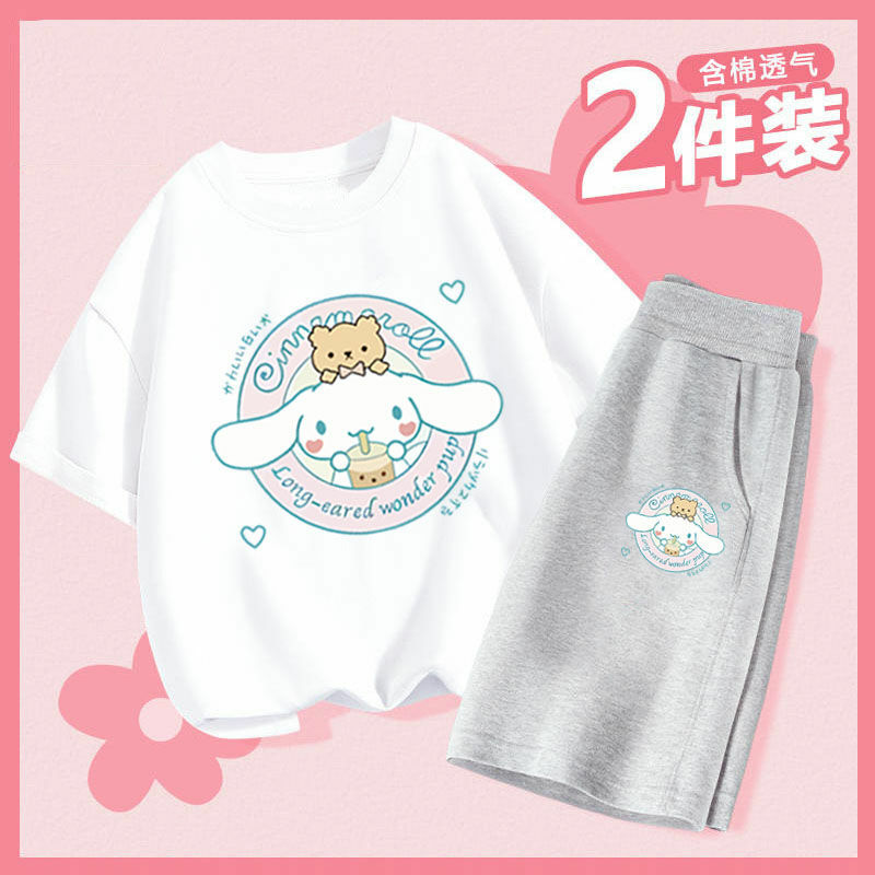 Traje deportivo Sanrio Cinnamoroll para niños, camiseta de dibujos animados Kawaii, conjunto de pantalones cortos, ropa deportiva informal para playa, verano, nuevo