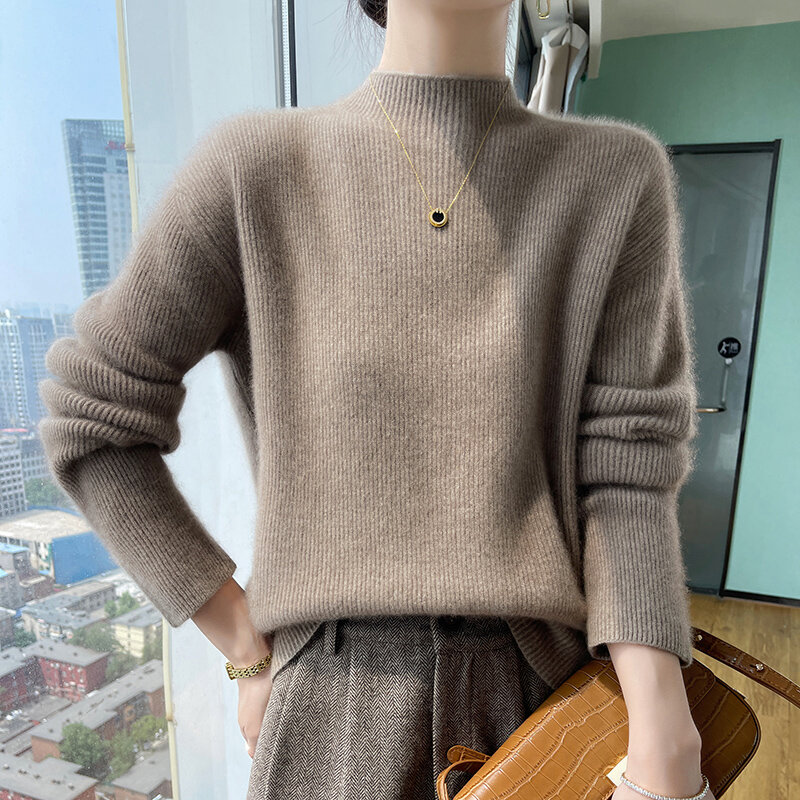 Half High Collar Wool Sweater Women's AutumnWinter Solid Color Loose Fitting Pullover Basic Style Bottom100%Merino Wool Knit Top