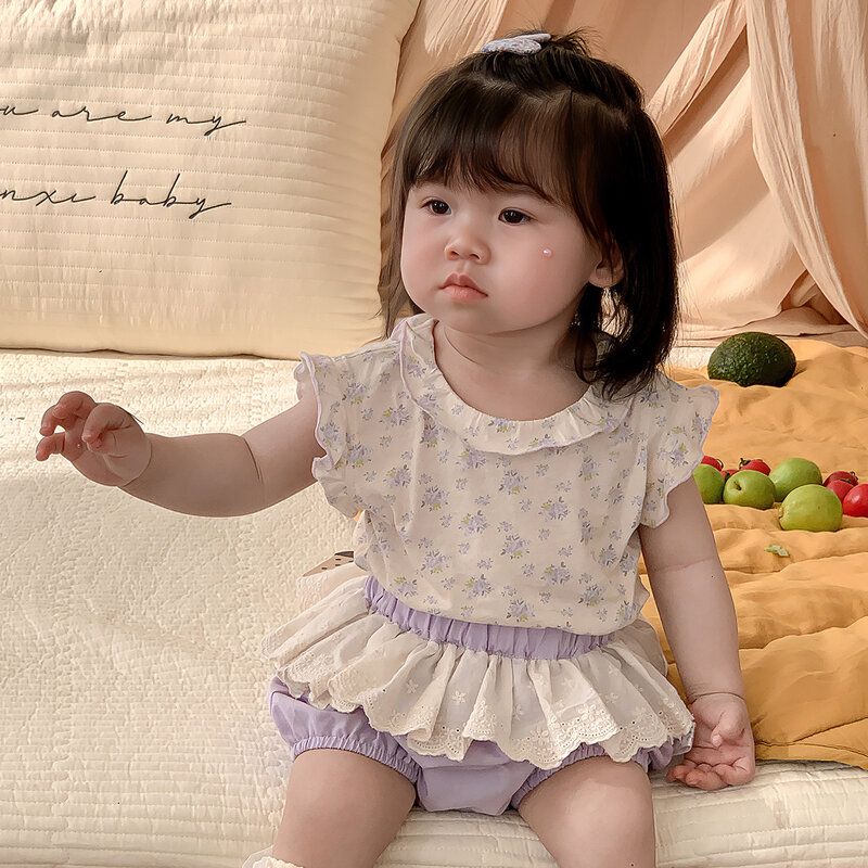 Summer 2024 korean baby girls 2PCS clothes set cotton floral printed sleeveless tees lace pp shorts suit toddler girl outfit