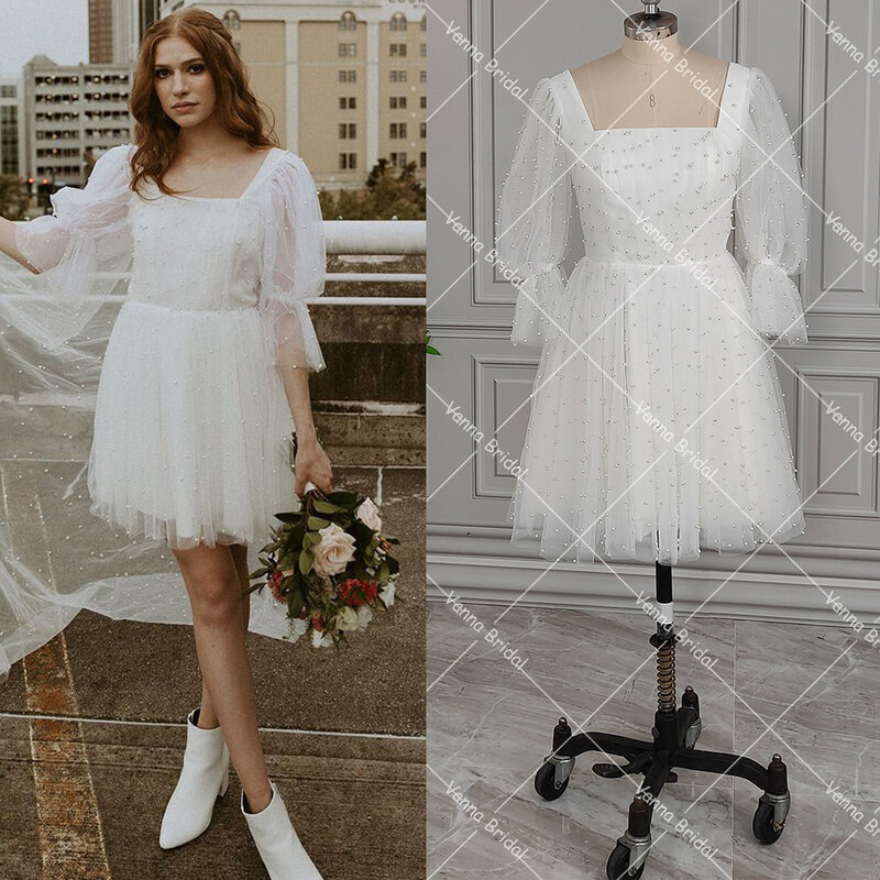 Perły zdobione Mini druga suknia ślubna z krótkim rękawy typu lampion kwadratowym dekoltem bez pleców prawdziwe zdjęcia słodki, szykowny suknie ślubne