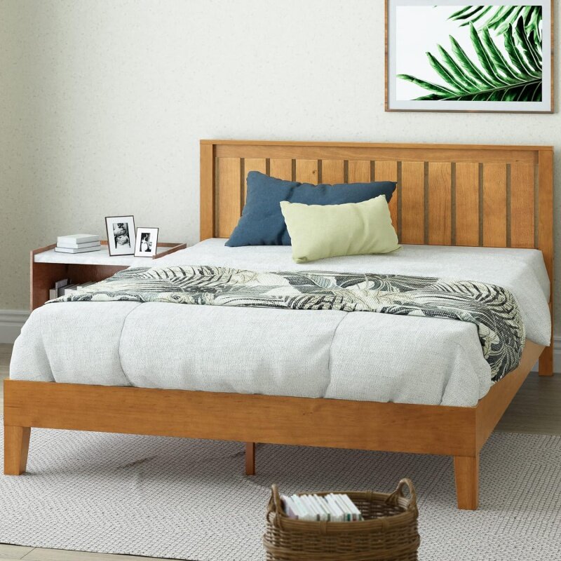 Drewniana rama łóżko z pełnymi bokami ZINUS Alexis Deluxe z zagłówkiem/podparciem listwą drewnianą/bez sprężyny skrzynowej/łatwy montaż, rustykalna Pi