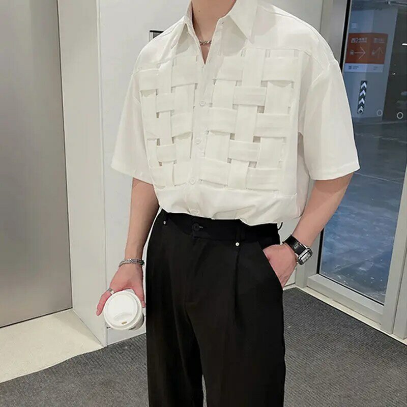 Summer Round Neck Fashion Half Sleeve Shirt Man High Street Casual Loose Button Cardigan Solid Color Personality All-match Tops