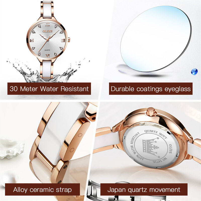 OLEVS นาฬิกาควอทซ์แฟชั่นใหม่สำหรับผู้หญิงสายเซรามิกหรูหรากันน้ำนาฬิกาเสื้อผ้ากุลสตรีมือเรืองแสง relogio feminino
