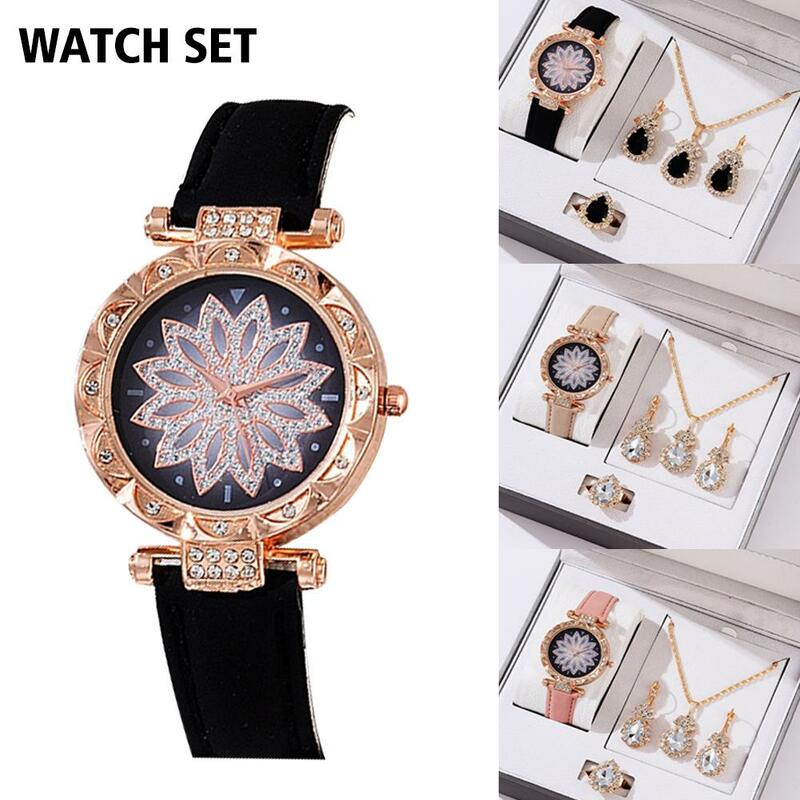 Jam tangan wanita Set 5 buah, jam tangan wanita kulit gelang kasual sederhana hadiah Analog Montre M7o4