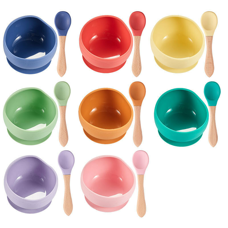 Silicone Spoon Baby Mother and Child Feeding Tableware Baby Food Soft Spoon with Wooden Handle