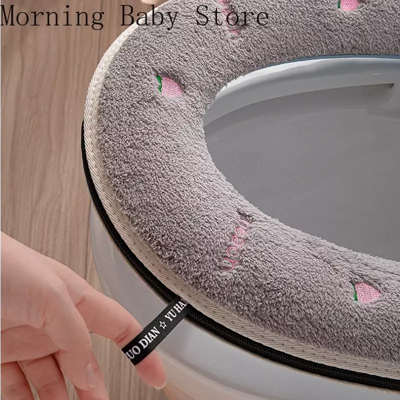 Peach Pattern Thickened Toilet Mat Universal Four Seasons Waterproof Zipper Embroidered Toilet Cover Home Toilet Seat Cushion