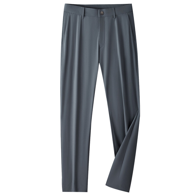 กางเกงลำลองขายาวผ้าไอซ์ซิลค์ยืดได้สำหรับผู้ชาย, กางเกงแนวธุรกิจบางกางเกงสำหรับผู้ชายทรงหลวมฤดูร้อน