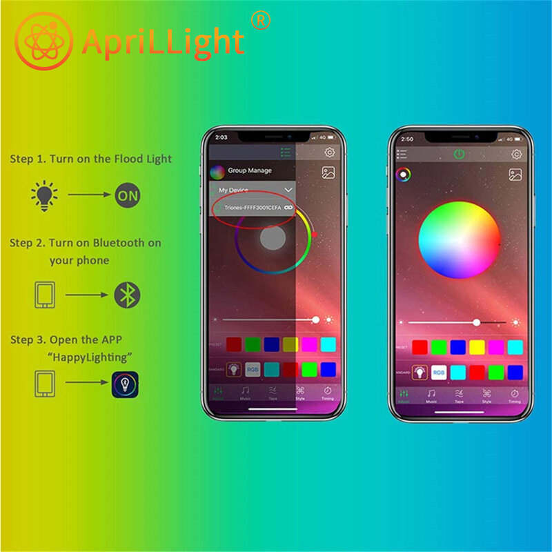 Impermeável Smart RGB LED Projector, Refletor ao ar livre, Iluminação Quente e Fresca, Controle Bluetooth App, 50W, 100W, 220V