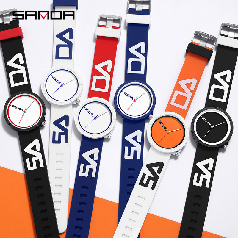 샌다 브랜드 초박형 캐주얼 쿼츠 손목시계, 레드 블루 실리콘 스트랩, 학생용 시계, 패션